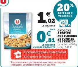 00  U Gnocchi  à poler  €  1,002  LE PRODUIT  SOIT  SHI  Entreprise de France UUUUU Transformé en partenariat avec une entreprise française, soutient l'emploi en France.  20%  SOIT 0,21 € VERSE SUR  C