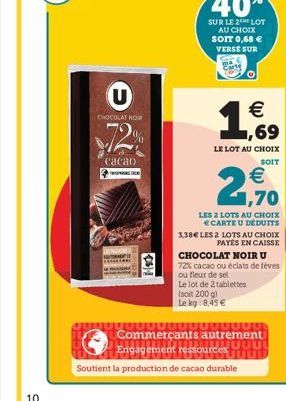 10  CHOCOLAT NOIR  72%  сасао  (11)  €  1,609  LE LOT AU CHOIX  SOIT  €  2,90  (soit 200 g)  Le kg 8,45 €  LES 2 LOTS AU CHOIX CARTE U DÉDUITS  3,38€ LES 2 LOTS AU CHOIX PAYES EN CAISSE  CHOCOLAT NOIR