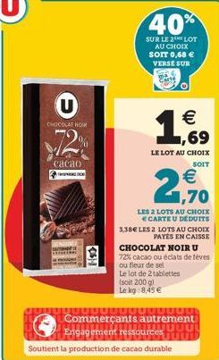 CHOCOLAT NOIR  72%  сасао  40%  SUR LE 2THE LOT AU CHOIX SOIT 0,68 € VERSE SUR  (11)  €  1,609  LE LOT AU CHOIX  SOIT  €  2,90  (soit 200 g)  Le kg 8,45 €  LES 2 LOTS AU CHOIX CARTE U DÉDUITS  3,38€ L