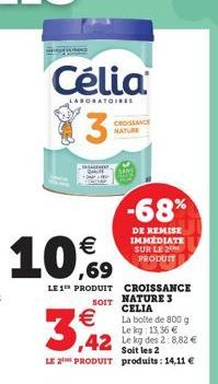 Célia  LABORATOIRES  3:  Dec  €  10,9  3,42  CROISSANCE NATURE  LE 1¹ PRODUIT CROISSANCE SOIT NATURE 3 CELIA La boite de 800 g Le kg 13,36 €  42 Leg des 2:8.82 €  Soit les 2  LE 2 PRODUIT produits: 14