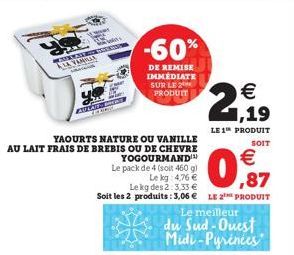 ALANSSEE  www.  AVLATE SHOWS  € 1,19  LE 1 PRODUIT  SOIT  € ,87  Le kg des 2:3,33 €  Soit les 2 produits: 3,06 € LE PRODUIT  -60%  DE REMISE IMMEDIATE  SUR LE  YAOURTS NATURE OU VANILLE  AU LAIT FRAIS