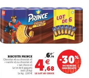 PRINCE  CHOCOLAT CAO  6% € 1,68  Le lot de 6 paquets  (soit 1,8 kg)  Le kg 2,60 € LE LOT AU CHOIX  BISCUITS PRINCE Chocolat x6 ou chocolat x5 + vanille x1 ou chocolat x5 + lait chocox1  LOT  DE 6  -30