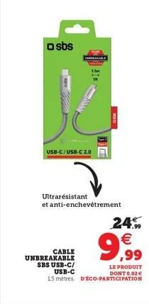 □sbs  unbreakable  $18  usb-c/usb-c 2.0  ultrarésistant  stati  et anti-enchevêtrement  24.9 € ,99  cable unbreakable  sbs usb-c/  le produit  usb-c  dont 0,02€  15 mètres. d'eco-participation 
