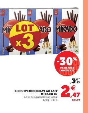 LU  MI LOTADO MIKADO x3  BISCUITS CHOCOLAT AU LAIT MIKADO LU Le lot de 3 paquets (soit 270 g)  Le kg: 9,15 €  CHOLAE  LAIT  -30%  DE REMISE IMMEDIATE  2  20  ,47  LE LOT  ,53 