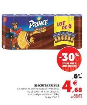 prince  chocolat  lot de 6  biscuits prince  chocolat x6 ou chocolat x5 + vanille x1 ou chocolat x5+ lait choco x1  -30%  de remise immediate  le lot de 6 paquets (soit 1,8 kg)  lekg: 2,60 €  6.%⁰  € 