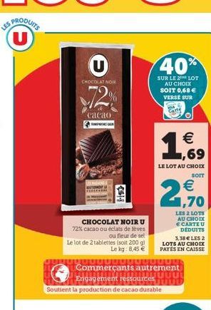 U  CHOCOLAT NOW  72%  cacao  CHOCOLAT NOIR U  72% cacao ou éclats de lèves ou fleur de sel Le lot de 2 tablettes (soit 200 g) Le kg: 8,45 €  4311  0000000000000  Engagement ressources  Soutient la pro