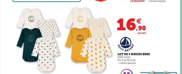 1  PETIT  BATERU  €  LE LOT  LOT DE 4 BODIES BEBE  100% coton  Du 3 au 36 mois -coloris assortis 