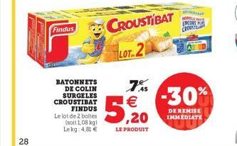 28  Findus  BATONNETS DE COLIN SURGELES CROUSTIBAT FINDUS Le lot de 2 boltes (soit 1,08 kg) Lekg: 4,81 €  755 €  5,20  LE PRODUIT  CROUSTIBAT LOT-21  WORTLIE HAY ENCORE P  CROUST  -30%  DE REMISE IMMÉ