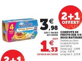 4 Noturnes  POTS  Pommes Bananes  3,98  LES 3 PACKS AU CHOIX  SOIT  €  1,93  33  LE PACK AU CHOIX  2+1  OFFERT UUP  COMPOTE DE FRUITS DES 4/6 MOIS NATURNES Variétés au choix Le pack de 4 pots (soit 52