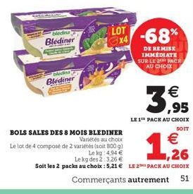 Bledina  Blediner  pin Blediner  LOT  BOLS SALES DES 8 MOIS BLEDINER Variétés au choix Le lot de 4 composé de 2 variétés (soit 800 g)  Le kg 4,94 €  Le kg des 2: 3,26 € Soit les 2 packs au choix : 5,2