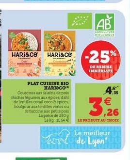 HARI&CO  HARI&CO  PLAT CUISINE BIO HARI&CO  Couscous aux falafels de pois chiches légumes aux épices, dahl de lentiles corail coco & épices boulgour aux lentilles vertes ou fettuccine aux petits pois 