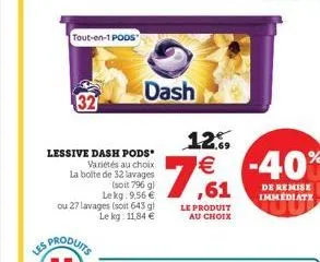 les  tout-en-1 pods  lessive dash pods  variétés au choix la boite de 32 lavages  dash  (soit 796 g)  le kg: 9,56 € ou 27 lavages (soit 643 g) le kg: 11,84 €  12%  1.69  ,61  le produit  au choix  -40