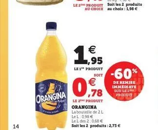 14  orangina  soit  € ,78  le 2 produit orangina  la bouteille de 2 l  le 2 produit soit les 2 produits au choix au choix : 1,98 €  1.95  €  le 1 produit  -60%  de remise immediate sur le 2 produit  l