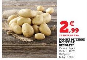 2,99  LE FILET DES HG POMME DE TERRE NOUVELLE RECOLTE  Variété Agata Calibre:40/70 Catégorie 1 Le kg 0,60 € 