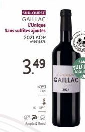 SUD-OUEST  GAILLAC  L'Unique  Sans sulfites ajoutés 2021 AOP ²5616878  3.49  1an  16-18°C  Ample & Rond  2023  GAILLAC 