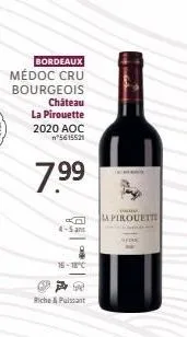 bordeaux  médoc cru bourgeois château  la pirouette  2020 aoc n°5615521  7.99  4-5 ans  15-18°c  riche & puissant  apirouetti 