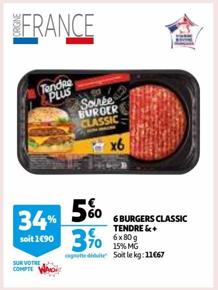 6 BURGERS CLASSIC TENDRE &+