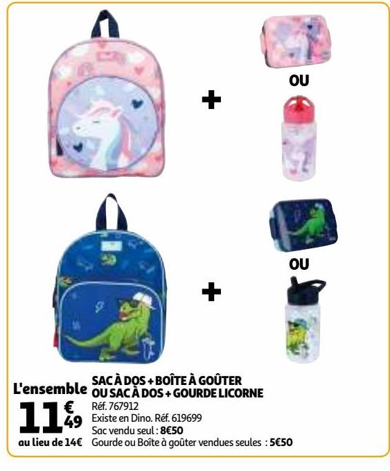 SAC À DOS + BOÎTE À GOÛTER OU SAC À DOS + GOURDE LICORNE