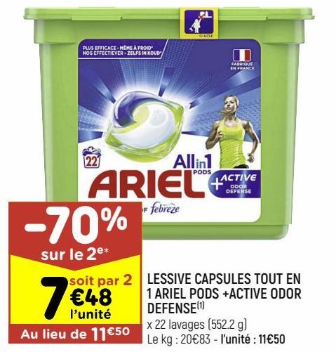 lessive en capsules tout en 1 Ariel pods + active odor defense