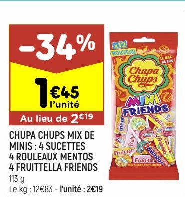 Chupa Chups mix de minis: 4 sucettes 4 rouleaux mentos 4 fruittella friends