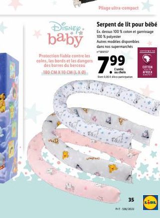 DISNEY baby  Protection fiable contre les coins, les bords et les dangers des barres du berceau 180 CM X 10 CM (LXO)  Pliage ultra-compact  Serpent de lit pour bébé  Ex. dessus 100% coton et gamissage