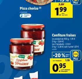 Pizza chorizo (2)  escomco  Produt  Marted  Confiture Fraises  ture  ses  1.9  Confiture fraises  Le produit de 450 g: 1,19 € (1 kg = 2,64 €)  Les 2 produits: 2,34 €  (1 kg -2,38 €) soit l'unité 1,07 