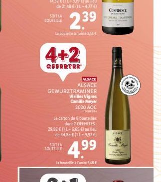 SOIT LA BOUTEILLE  4+2  OFFERTES  GEWURZTRAMINER  Vieilles Vignes  Camille Meyer 2020 AOC SEDE  ALSACE  ALSACE  Le carton de 6 bouteilles  dont 2 OFFERTES: 29.92 € (1 L-6,65 €) au lieu de 44,88 € (11-