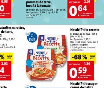 SUR LE  mais  Le produit de 2x200g: 2.01 € (1 kg = 5,03 €) Les 2 produits: 2,65 € (1 kg = 3,31 €) soit l'unité 1,33 € SE54  Nestlé p'tite Recette Spaghetti à la Bolognaise  8 Nestlé p'tite Recette  to