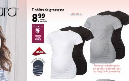 T-shirts de grossesse  8.99  COTTON AFRICA  HEL  F  LYCRA  LOT DE 2  Fronces latérales pour un confort optimal tout au long de la grossesse 