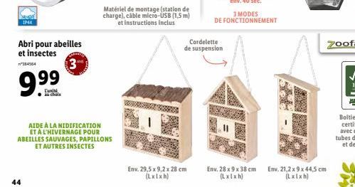 44  aver 1944  Abri pour abeilles et insectes  354504  3  9.⁹9  L'unité  AIDE À LA NIDIFICATION ET À L'HIVERNAGE POUR ABEILLES SAUVAGES, PAPILLONS ET AUTRES INSECTES  Matériel de montage (station de c