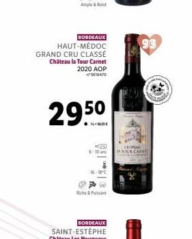 Ample & Rand  BORDEAUX  HAUT-MÉDOC  GRAND CRU CLASSÉ  Château la Tour Carnet  2020 AOP n'5616470  29.5⁰  -10 ans  Rich & Pulsant  BORDEAUX  CHATEAU A OUR CARNET  EMPLING  Ma  Sape 