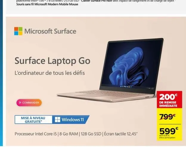 microsoft surface  surface laptop go  l'ordinateur de tous les défis  commander  mise à niveau gratuite  windows 11  edpron  processeur intel core i5 | 8 go ram | 128 go ssd | écran tactile 12,45"  20