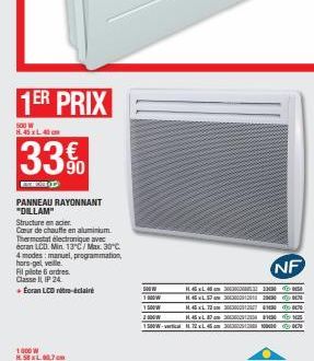 1ER PRIX  500 W thu đô thị chỉ cho  33%  O  PANNEAU RAYONNANT "DILLAM"  Structure en acier  Cœur de chauffe en aluminium Thermostat electronique avec ecran LCD. Min. 13°C/Max. 30°C. 4 modes: manuel, p