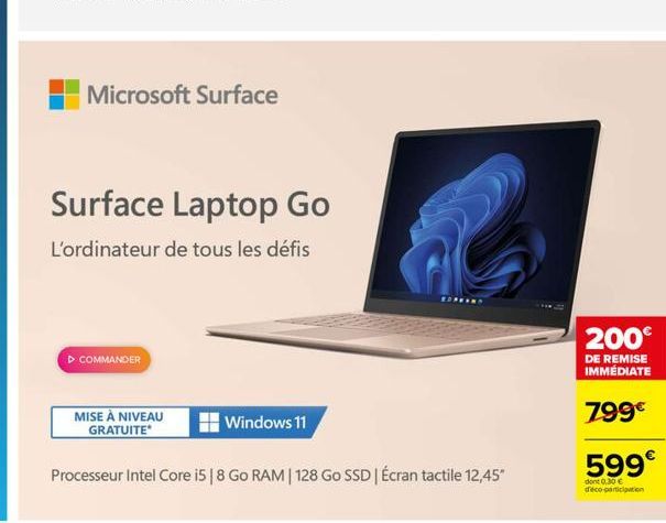 Microsoft Surface  Surface Laptop Go  L'ordinateur de tous les défis  COMMANDER  MISE À NIVEAU GRATUITE  Windows 11  EDPRON  Processeur Intel Core i5 | 8 Go RAM | 128 Go SSD | Écran tactile 12,45"  20