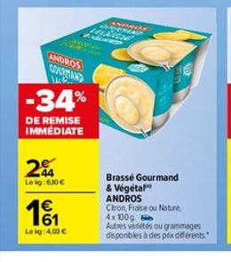 ANDROS GOURMAND  14.  -34%  DE REMISE IMMÉDIATE  20  Lekg:630 €  11  Le kg: 4,00 €  ENERCLK WAS HEXER  Brasse Gourmand & Végétal ANDROS  Citron, Fraise ou Nature. 4x100g.  Autres variétés ou grammages