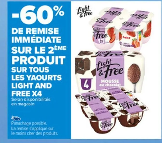 -60% de remise immediate sur le 2eme produit sur tous les yaourts light and free x4