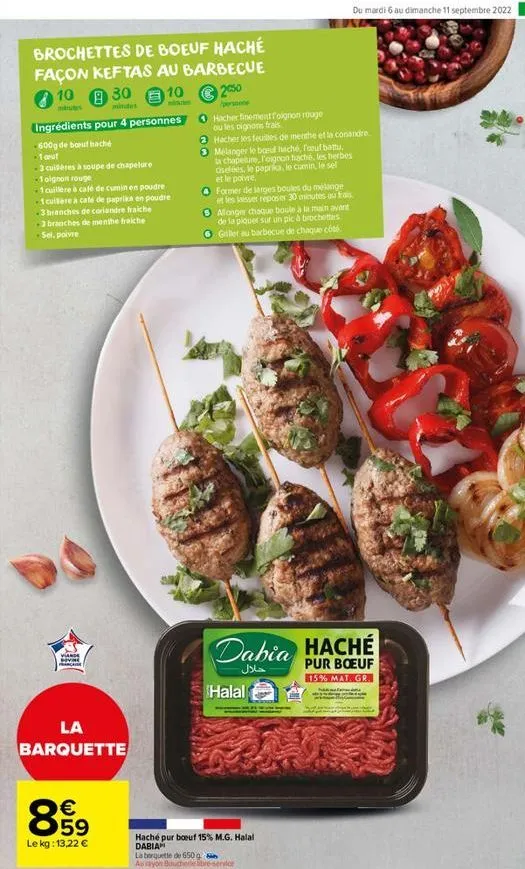 brochettes de boeuf haché  façon keftas au barbecue 1030  10  2050  personne  ingrédients pour 4 personnes  600g de boeuf haché  - 1 cout  -3 cuillères à soupe de chapelure  -1 oignon rouge  -1 cuillè