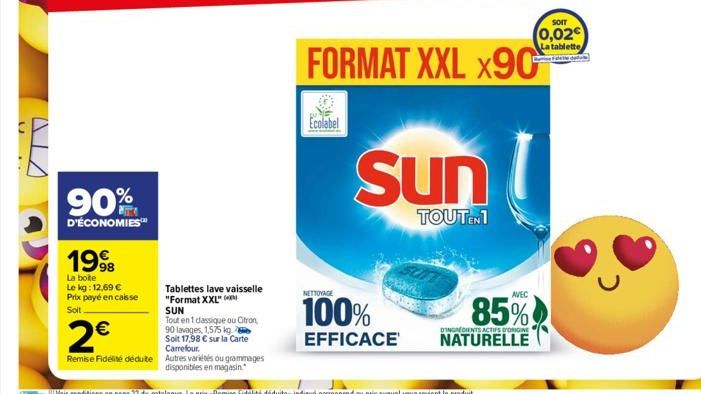 n  ..  90%  D'ÉCONOMIES™  1998  La boite Le kg: 12,69 € Prix payé en caisse  Soit  Tablettes lave vaisselle "Format XXL" SUN  Tout en 1 dassique ou Citron,  90 lavages, 1,575 kg.  2€  Soit 17,98 € sur