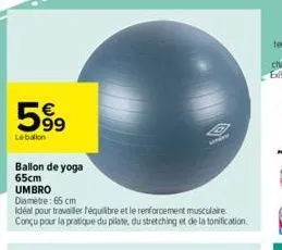 63  99  lebalion  ballon de yoga 65cm  umbro  diamètre: 65 cm  idéal pour travailler équilibre et le renforcement musculaire conçu pour la pratique du pilate, du stretching et de la tonification.  o 