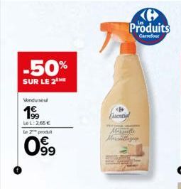 -50%  SUR LE 2THE  Vendusel  199  LeL: 2.65€ Le 2 produt  099  <B Essential  Pum  Produits  Carrefour  Marseille  