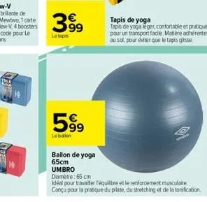 399  le tapis  63  99  lebalion  ballon de yoga 65cm  umbro  diamètre: 65 cm  idéal pour travailler équilibre et le renforcement musculaire conçu pour la pratique du pilate, du stretching et de la ton