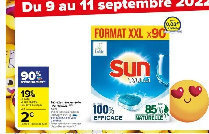 n  ..  90%  d'économies™  1998  la boite le kg: 12,69 € prix payé en caisse  soit  tablettes lave vaisselle "format xxl" sun  tout en 1 dassique ou citron,  90 lavages, 1,575 kg. soit 17,98 € sur la c