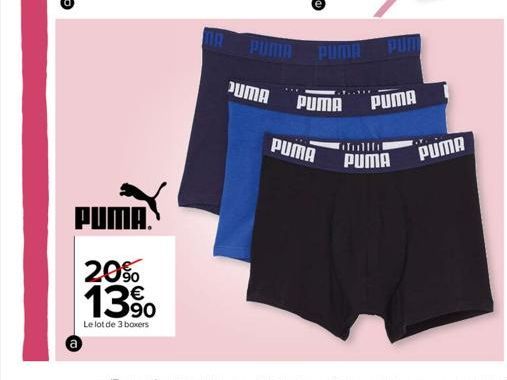 PUMA.  20%  13%  Le lot de 3 boxers  DA PUMA  JUMA  PUMA  PUMA  PUMA  PUMA  PUMA  PUMA 