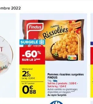 findus  surgelé  -60%  sur le 2m  vondu soul  2⁹00  lekg: 2.20€  le 2 produ  08  pommes  rissolées  pommes rissolées surgelées findus  1kg.  soit les 2 produits: 3,08 €-soit le kg: 1,54 €  autres vari