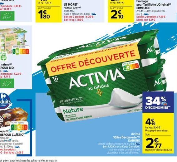 BIO  NUTRI-SCORE  NUTRIECORE  COE  Le 2 produit  € 180  16  ST MORET "Offre Eco™  17,8% M.G.  dans le produit fini, 400 g. Soit les 2 produits: 6,29 €. Soit le kg: 7,86 €  PROBIOTIQUES CES FOMENTS TU 