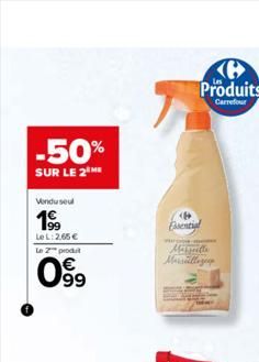 -50%  SUR LE 2THE  Vendusel  199  LeL: 2.65€ Le 2 produt  099  <B Essential  Pum  Produits  Carrefour  Marseille  