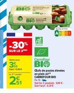 Carrefour  ВІФ  Vendu seul  399  L'oeuf: 0,36 €  -30%  SUR LE 2 ME  Le 2 produt  2₁  BIO  AB  Carrefour  BIO  NUTRI-SCORE  ABCDE  CEufs de poules élevées en plein air CARREFOUR BIO  Par 10.  Soit les 