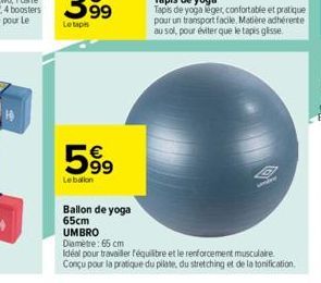 69  99  Lebalion  Ballon de yoga 65cm  UMBRO  Diamètre: 65 cm  Idéal pour travailler équilibre et le renforcement musculaire Conçu pour la pratique du pilate, du stretching et de la tonification.  O 