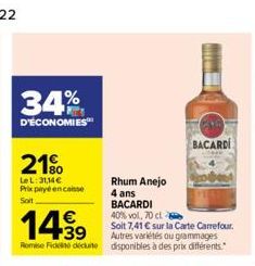 34%  D'ÉCONOMIES  21%  LeL: 31,14 € Prix payé encaisse Soit  T  BACARDI 