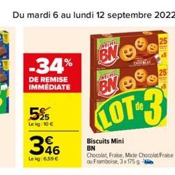 -34%  DE REMISE IMMEDIATE  59%  Le kg: 10 €  3046  €  Le kg: 6,59 €  MIRE  BN  MILL  BN  LOT-3  Biscuits Mini BN  Chocolat, Fraise, Mide Chocolat/Fraise ou Framboise, 3x175 g 